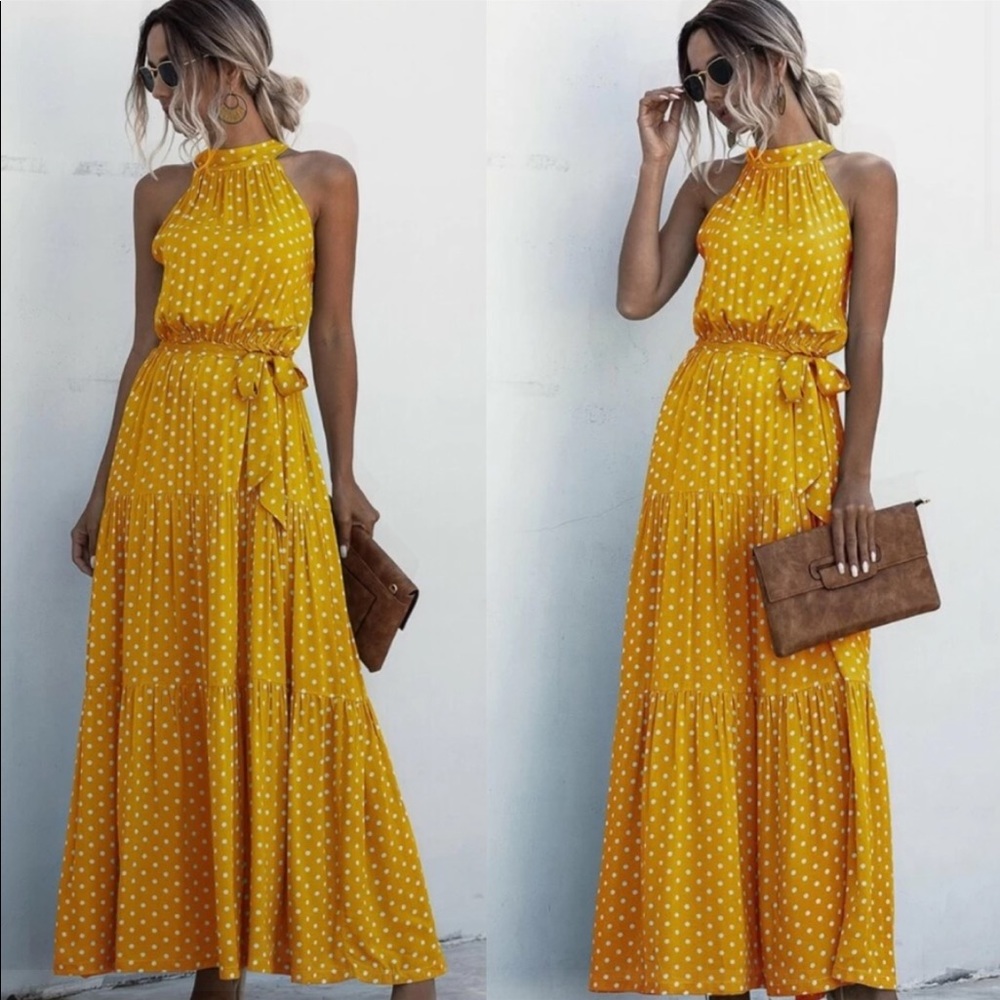 Boho Gypsy Dot Halter Maxi Dress New - Picture 2 of 4